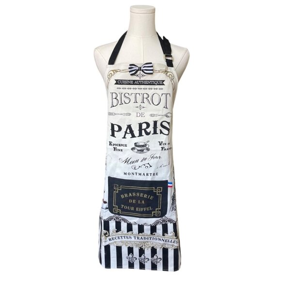 Bistro Paris Apron Graphic Striped Brasserie France Bow Striped Adjustable - Picture 1 of 9